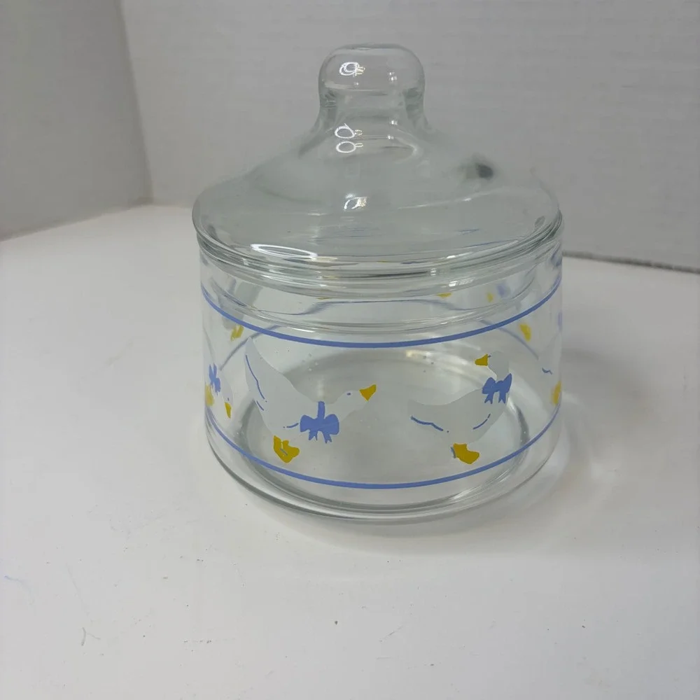 Vtg Clear Glass Goose Canister Blue Bow Farmhouse Storage Jar 5in Cottagecore